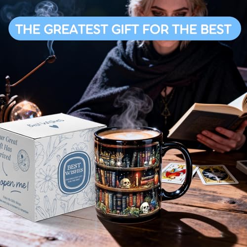 Gothic Skull Book Lover Mug - Halloween Coffee Cup for Men Women, Gift Idea