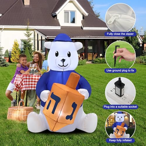 4ft Outdoor Inflatable Hanukkah Polar Bear with LED Lights and Stakes