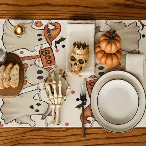 Halloween Table Runner with Cute Ghosts Black Cat and Pumpkin 13x72 Inches Festive Fall Decor