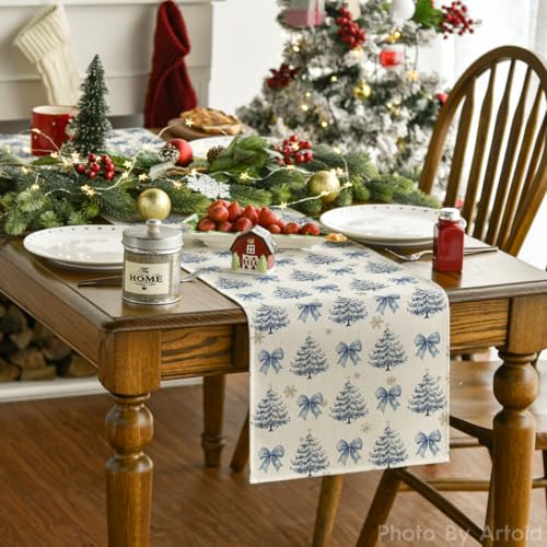 Christmas Table Runner 13x108 Inch Snowflakes Bowknot Seasonal Decor for Home & Kitchen