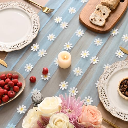 28x120 Inch Sky Blue Daisy Gauze Embroidery Table Runner for Dining & Holiday Decor