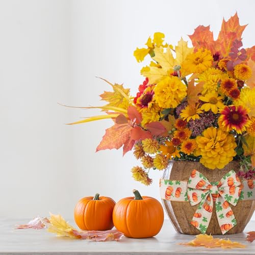Fall Pumpkin Ribbons Set - Wired Edge Orange Buffalo Plaid Burlap for Gift Wrapping & Decorations - Style 5 Plaid Pumpkin