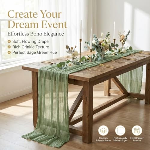 EcoEdge Sage Green Cheesecloth Table Runner 6 Pack 35x120 for Baby Shower & Wedding Decor