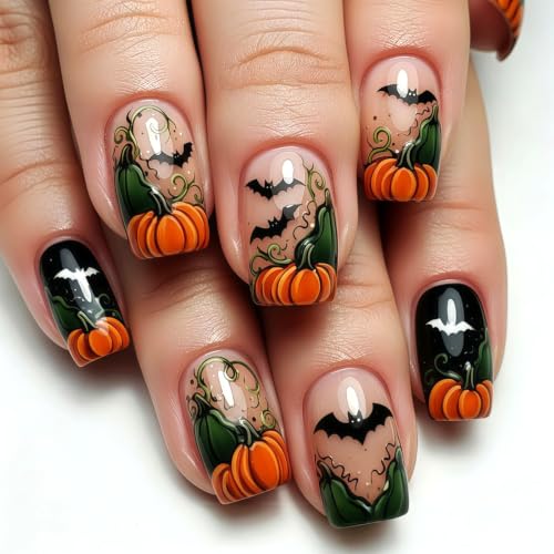 Halloween Press-On Nails Medium Square Pumpkin & Bat Design Black Nude Variation - 24 Pcs