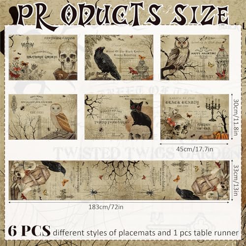 Gothic Halloween Placemats with Runner Set - Spooky Forest Skull Bat Table Decor