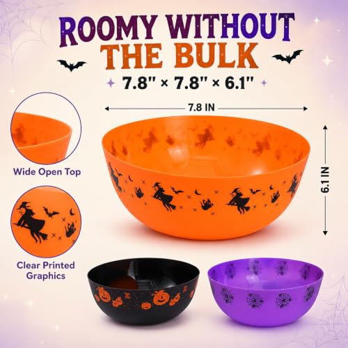 Halloween Candy Bowls Set - Ghost Pumpkin Spider Web Trick or Treat Decor - Black, Orange, Purple