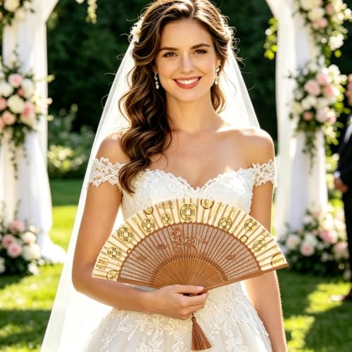 Hand Held Fan for Women Japanese Vintage Bamboo Silk Elegant for Dance Festival Wedding Party - Medium / Get Rich Quick
