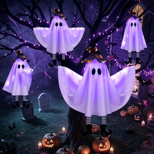 Halloween Ghost Decorations Outdoor Indoor Purple Set with Witch Hat & 3 Light Modes - Hanging Spooky Decor with DIY Arms
