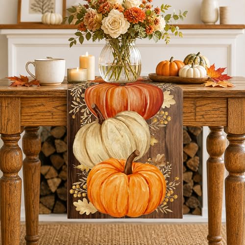 Pumpkins Golden Maple Leaves Fall Table Runner 13x120 Inch Autumn Thanksgiving Decor