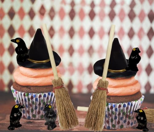 Mini Witch Hat & Broom Set with Resin Crows for Halloween Decor, Dollhouse & Crafts