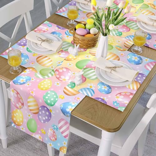 Easter Colorful Egg Table Runner 13x72 Inches Spring Flowers Cotton Linen Decor — Variation of Easter Eggjim5339