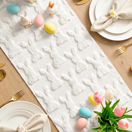 White Faux Fur Bunny Rabbit Easter Table Runner 13x48 Inch - Seasonal Kitchen Decor