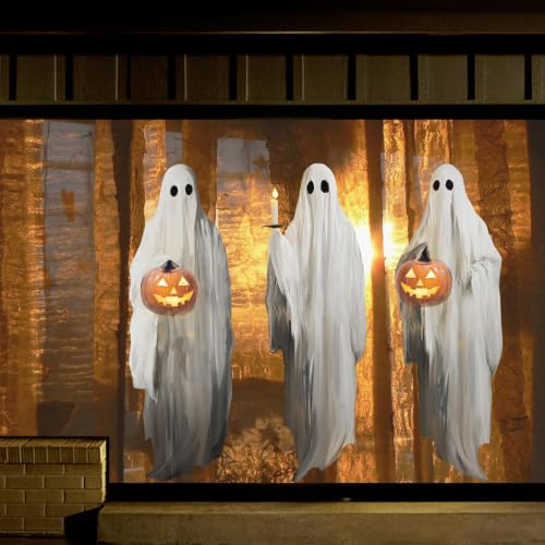 Halloween Window Clings 3-Pack Large White Ghosts with Pumpkin Lanterns - Indoor Decor