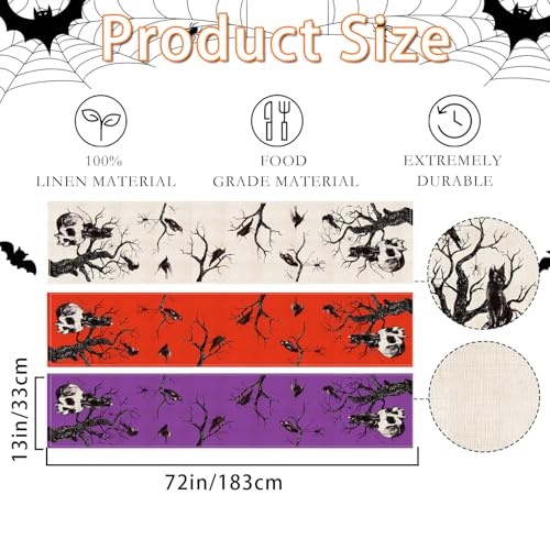3-Piece Halloween Table Runner Silhouette Tree & Crows - White, Red, Purple