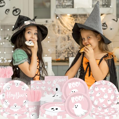Pink Halloween Ghost Paper Plates and Napkins Set - 144pcs Party Supplies