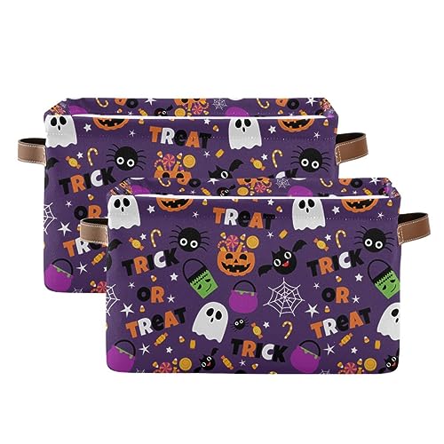 Purple Halloween Storage Basket 16x12x8 Inches Fabric Pumpkin Skull Ghost Trick or Treat Open Home Organizer - Foldable