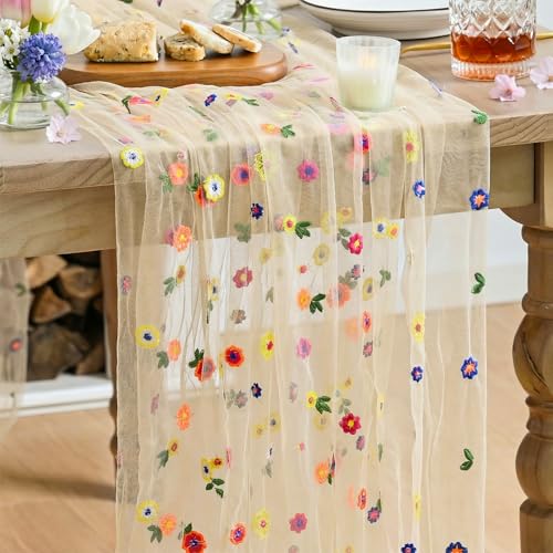 6PCS Champagne Embroidery Daisy Gauze Table Runner 28x120 Inch - Elegant Home Decor
