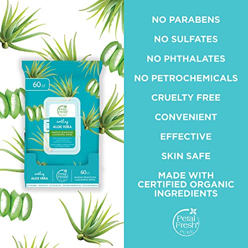 Petal Fresh Soothing Aloe Vera Makeup Remover Wipes - Gentle Face Cleansing Towelettes, 60 Count