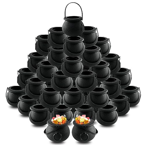 48 Pack Mini Cauldron Buckets for Halloween & Party Favors - Black Plastic Candy Holders