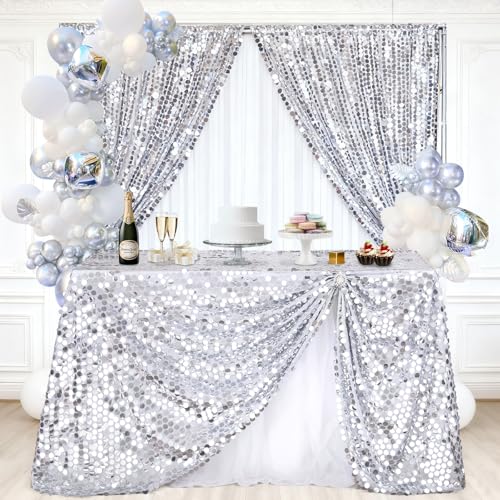 Silver Sequin Tablecloth - 50 x 102 Inches Rectangular Sparkle Fabric for Parties & Events