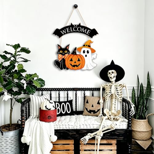 Large Wooden Halloween Ghost Door Wreath - Black & Pumpkin Decor for Front Door