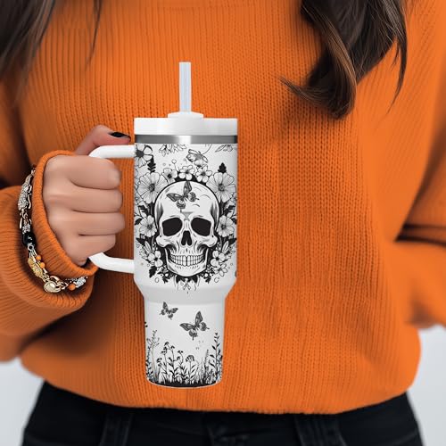 White Skull Goth Tumbler with Handle - 40 OZ Skull Lover Gift for Women