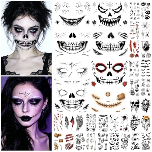 Halloween Face Temporary Tattoos Brown 8 Large Sheets & 30 Small Stickers for Kids & Adults