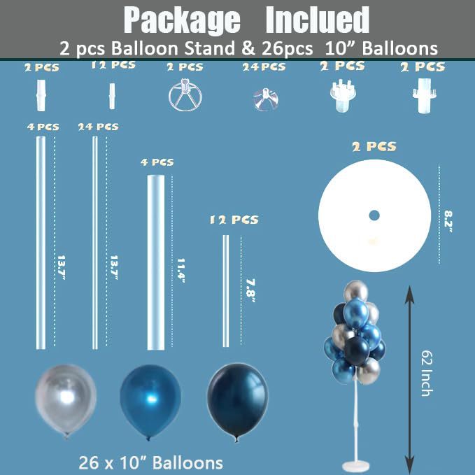 Blue Silver Floor Balloon Column Kit for Parties - 62 Inch Balloon Tower & Backdrop