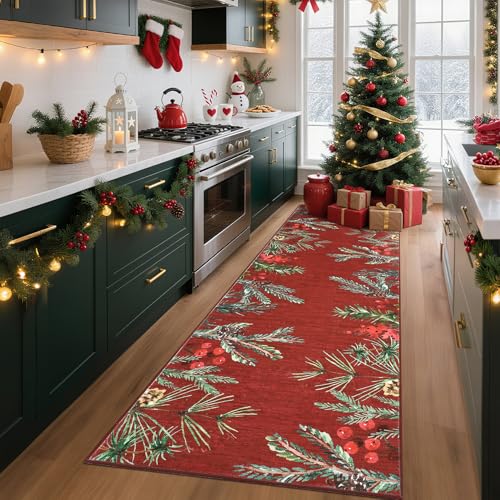 Christmas Entryway Rug 2x10 Botanical Leaf Runner Non-Slip Floor Mat - Pinecone-Red Variation