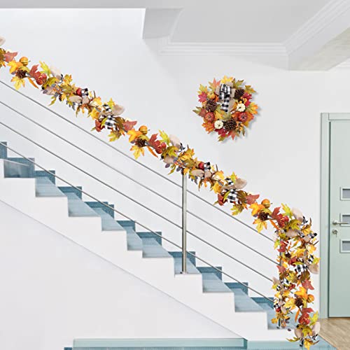 6 Ft Fall Garland Decor with Pumpkins Maple Leaves & Pine Cones for Indoor Outdoor Home Decoration