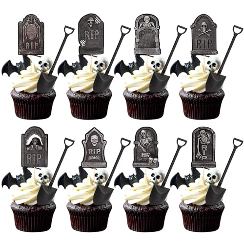 Halloween Cupcake Toppers with Tombstone Graveyard Design - 48 Pcs Cake Decorations with Shovel Spoons