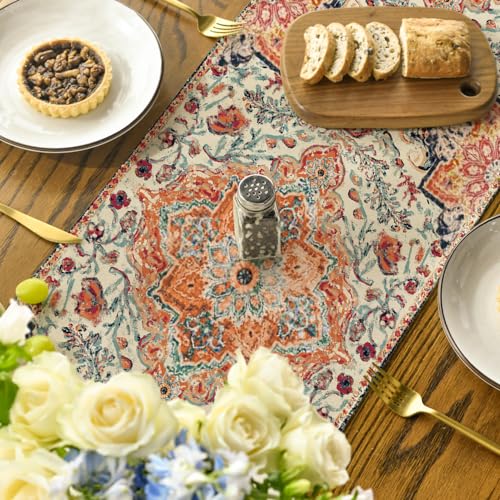13x120 Inch Boho Bohemia Style Orange Table Runner - Rustic Farmhouse Fall Decor