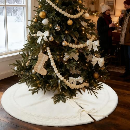 White Boho Cable Knit Christmas Tree Skirt - Small 36 Inch Rustic Farmhouse Decor