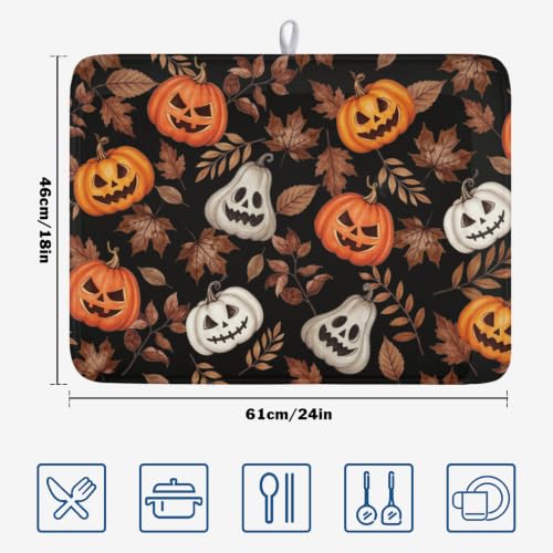 Halloween Maple Leaf Dish Drying Mat - Spooky Orange & White Pumpkin, 18x24 Inch, Reversible Microfiber Kitchen Counter Pad