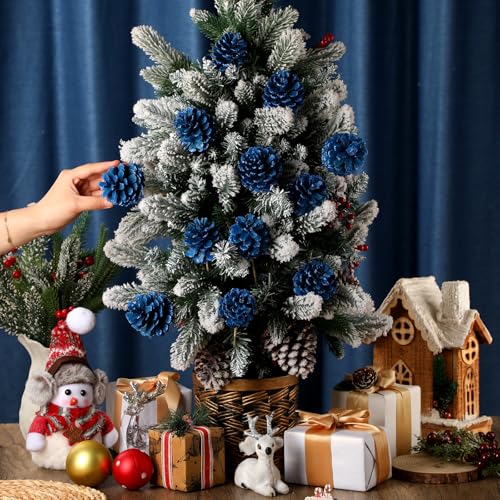 Blue Christmas Pine Cone Picks Set of 12 - Glitter Holiday Tree Decorations