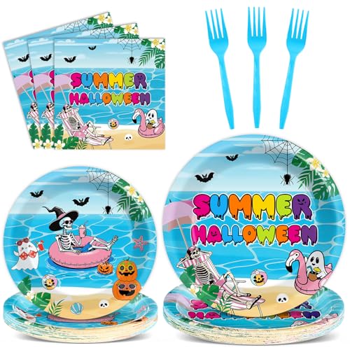 Summer Halloween Party Tableware Set - Skeleton & Tropical Design, Disposable Plates & Napkins for Beach BBQ & Pool Parties