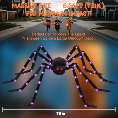 Giant Outdoor Halloween Spider Decor - 78-Inch Light Up Fake Spider with 8 Light Modes