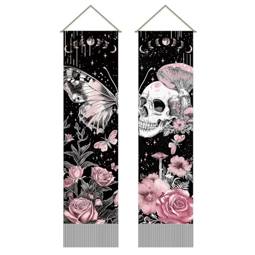 Butterfly Skull Tapestry Set - Pink & Black Moon Phase Wall Hanging for Bedroom Decor