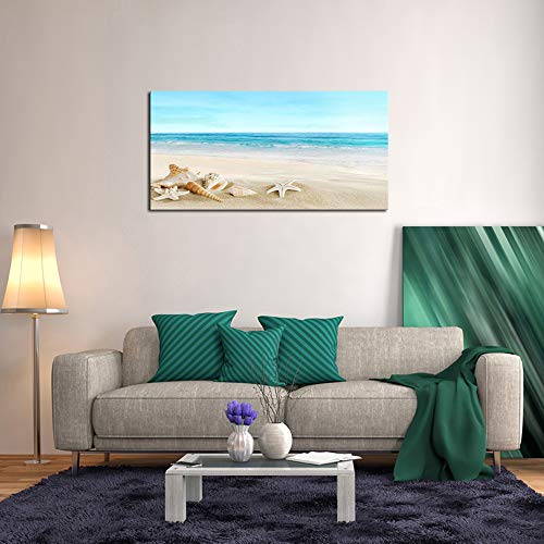 Beach Canvas Wall Art - Ocean Scene with Starfish & Seashells, 48x24 Inches Seashell Seaside Variation