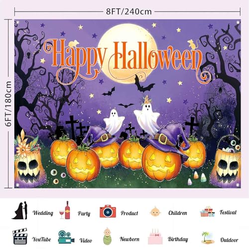8x6ft Halloween Backdrop Banner Purple Spooky Ghost Pumpkin Photo Wall Decor - Variation of THIS listing