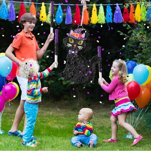 Halloween Cat Piñata with Blindfold and Stick - Black Cat Party Decor