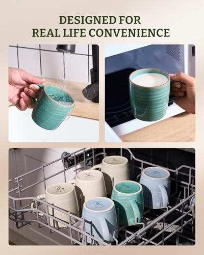 Meteor Green Ceramic Coffee Mug Set of 6 - 13oz, Handcrafted Drinkware with Handle