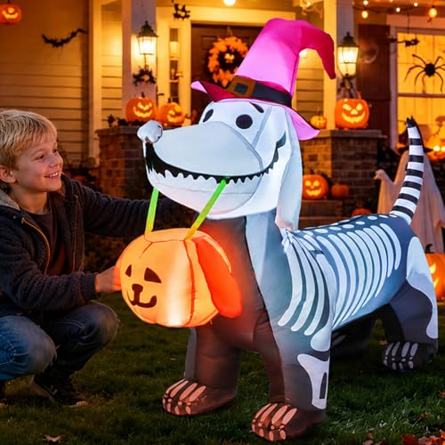 5.5 Ft Inflatable Halloween Skeleton Puppy with LED Lights for Outdoor Yard Decor