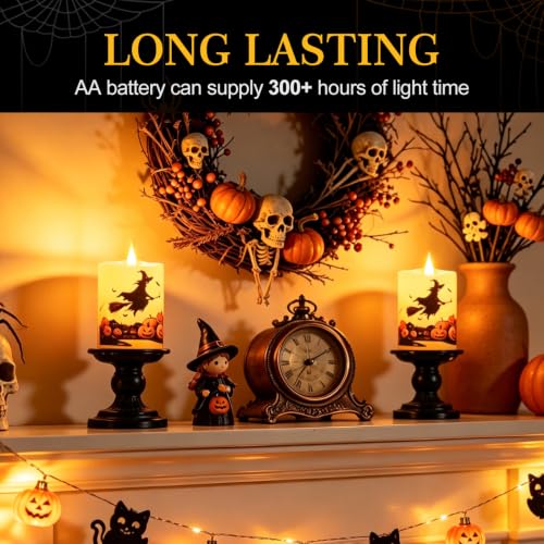 Halloween Flameless Candles Set of 2 - 3x4 Inch Ivory LED Pillars with Pumpkin & Witch Decals - Remote Timer