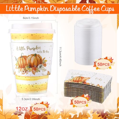 Pickmesh Pumpkin Orange 50 Piece 12oz Fall Coffee Cups Set with Lids Sleeves Stirrers