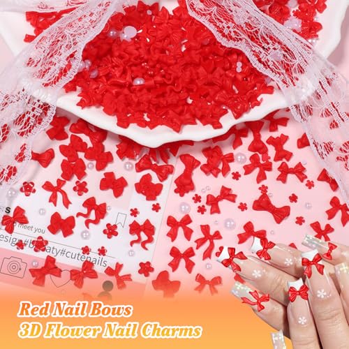 Red Bow Nail Charms Kit - 3D Bow Tie Flowers & Pearls for Acrylic Nails DIY