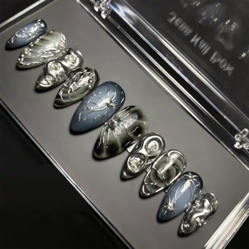 30pcs Gothic Press-On Nails Medium Almond Fake Nails with Silver Stripes & Pearl - Handmade-5