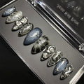 30pcs Gothic Press-On Nails Medium Almond Fake Nails with Silver Stripes & Pearl - Handmade-5