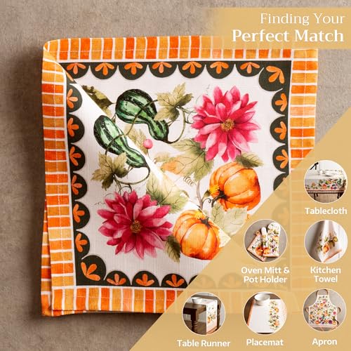 Pumpkin Garden Cloth Napkins Set of 4 - 20x20 Inch Reusable Cotton, Fall Decor