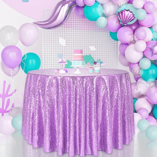 Light Purple Sequin Round Tablecloth 132 Inch - Glitter Party Decor Variation